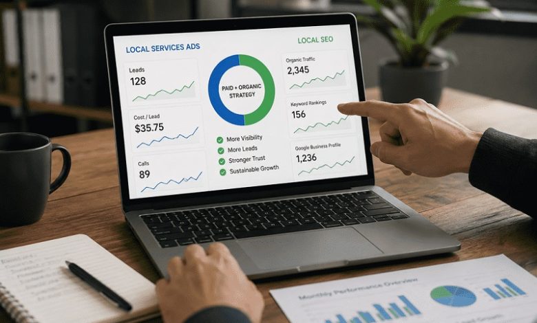 Person uses a laptop showing local services ads analytics, including a circular chart and KPI panels on the screen.